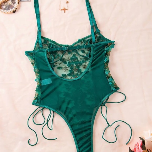 LINGERIE ONE PIECE SEXY UNDERWEAR Green lace corset bodysuit adjustable straps - Picture 2 of 3